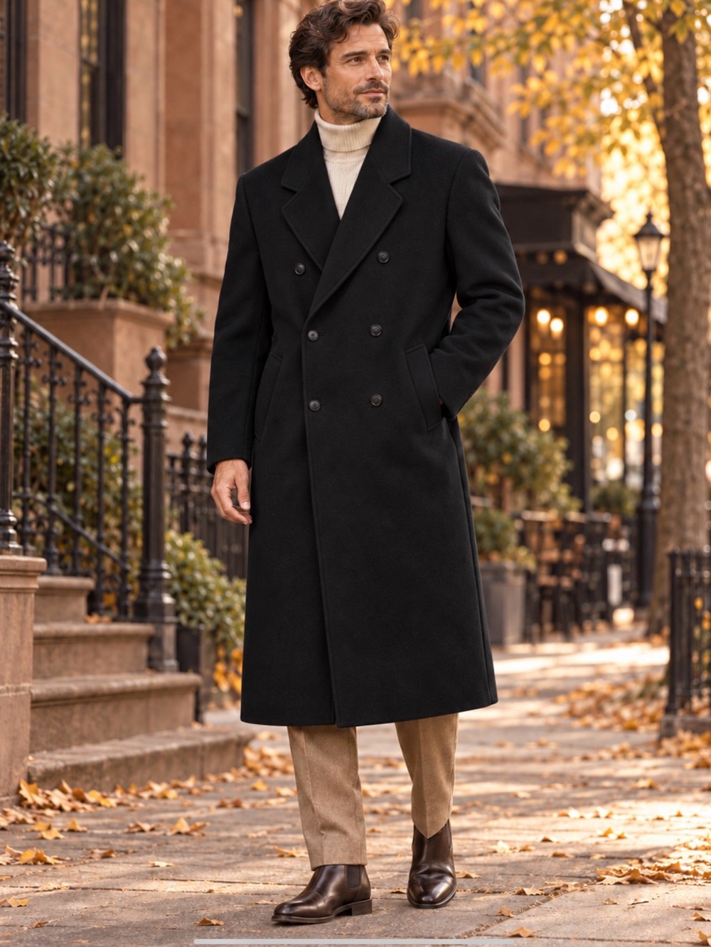 HAGGAR OUTDOOR LIFE VINTAGE WOOL DOUBLE BREASTED LONG OVERCOAT BLACK BELTED QUIE